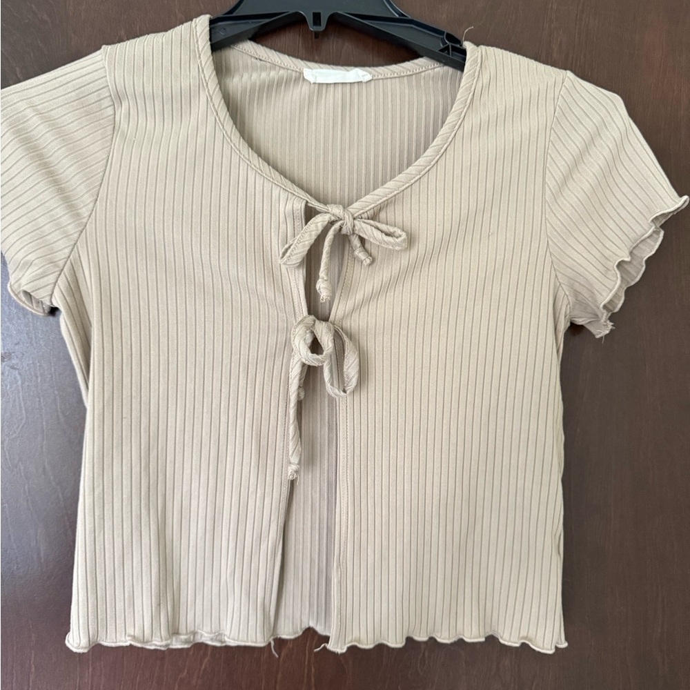 Beige Ribbed Tie-Front Top
